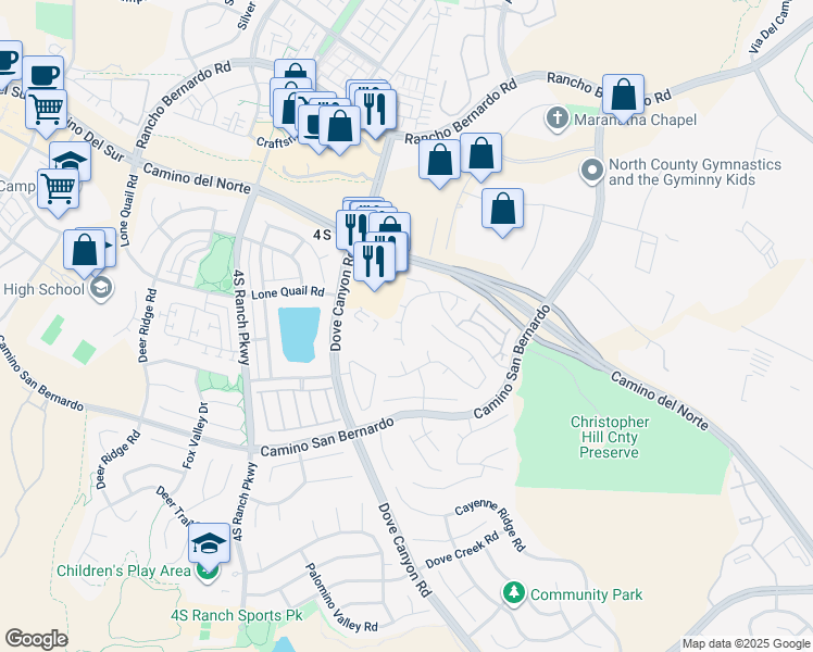 map of restaurants, bars, coffee shops, grocery stores, and more near 16839 Abundante Street in San Diego
