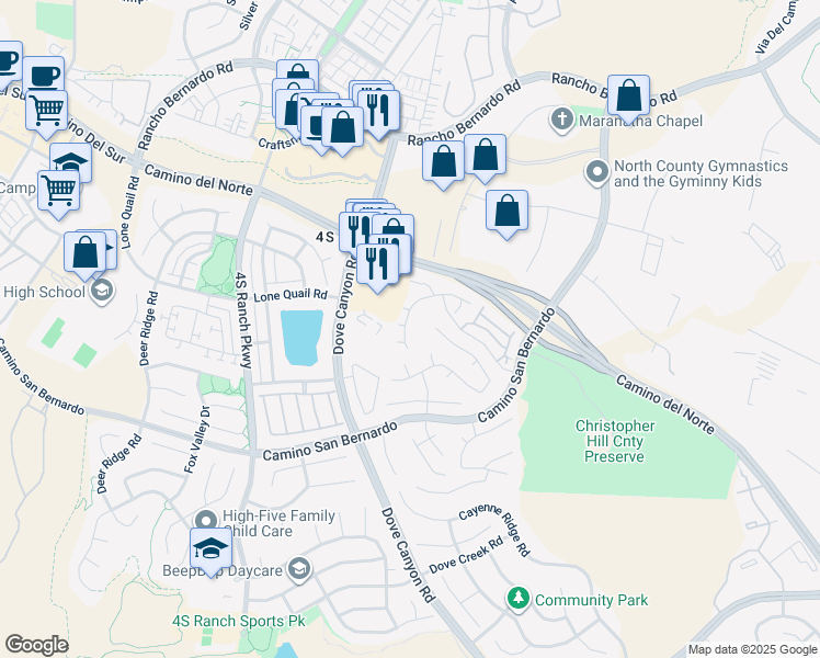 map of restaurants, bars, coffee shops, grocery stores, and more near 16839 Abundante Street in San Diego