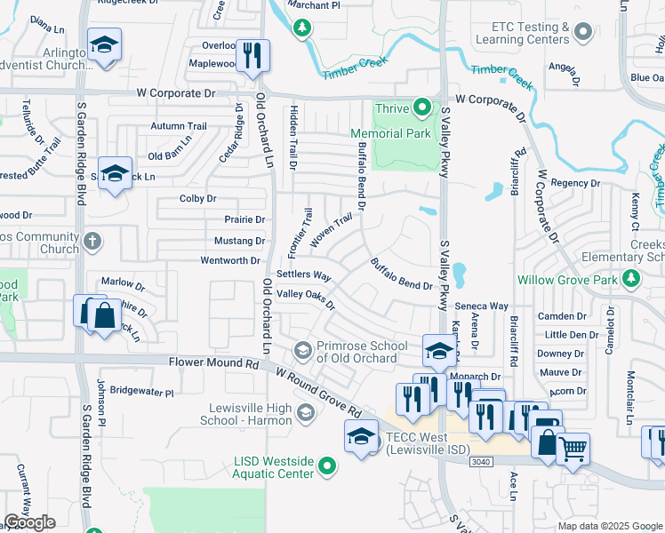 map of restaurants, bars, coffee shops, grocery stores, and more near 1210 Falling Water Drive in Lewisville