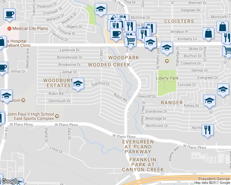 map of restaurants, bars, coffee shops, grocery stores, and more near 3009 Robin Road in Plano