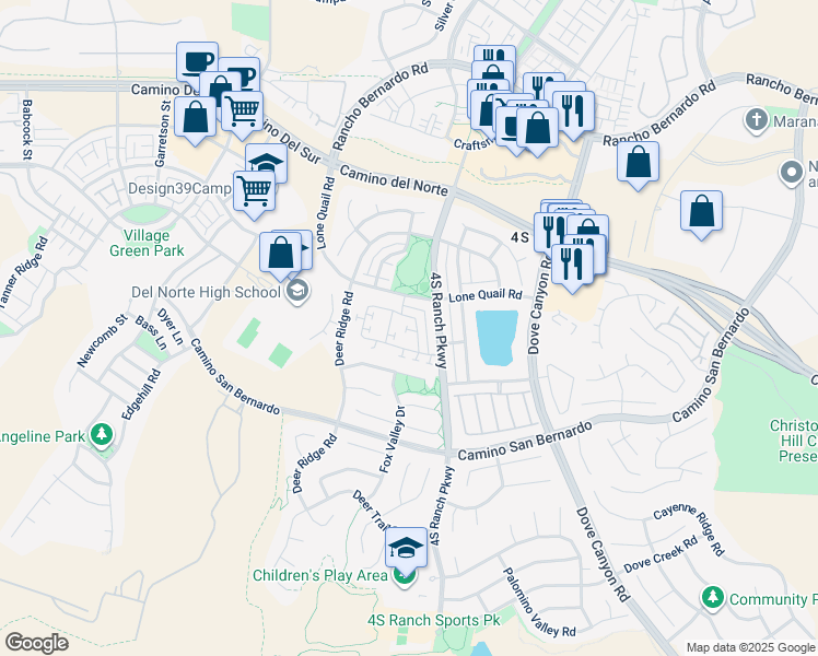 map of restaurants, bars, coffee shops, grocery stores, and more near 9712 Fieldthorn Street in San Diego