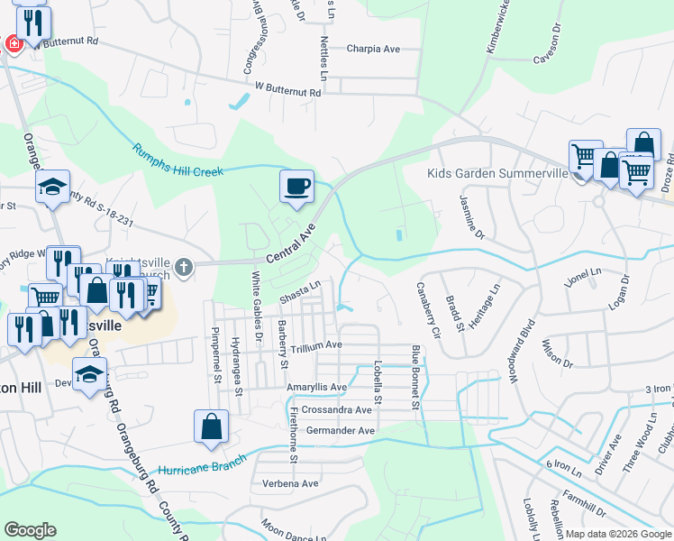 map of restaurants, bars, coffee shops, grocery stores, and more near 104 Guilford Drive in Summerville