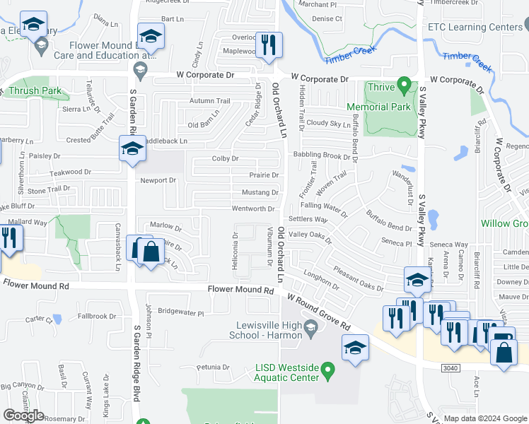 map of restaurants, bars, coffee shops, grocery stores, and more near 1312 Wentworth Drive in Lewisville