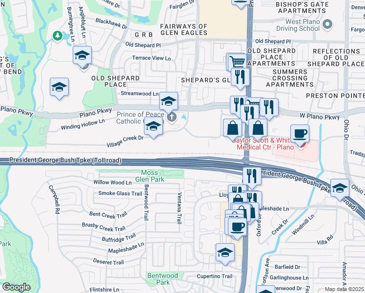 map of restaurants, bars, coffee shops, grocery stores, and more near 5100 Village Creek Drive in Plano