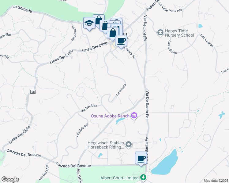 map of restaurants, bars, coffee shops, grocery stores, and more near 16534 La Gracia in Rancho Santa Fe