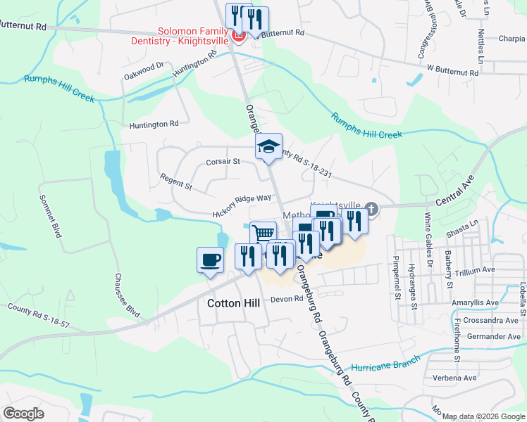 map of restaurants, bars, coffee shops, grocery stores, and more near 106 Mayrant Street in Summerville