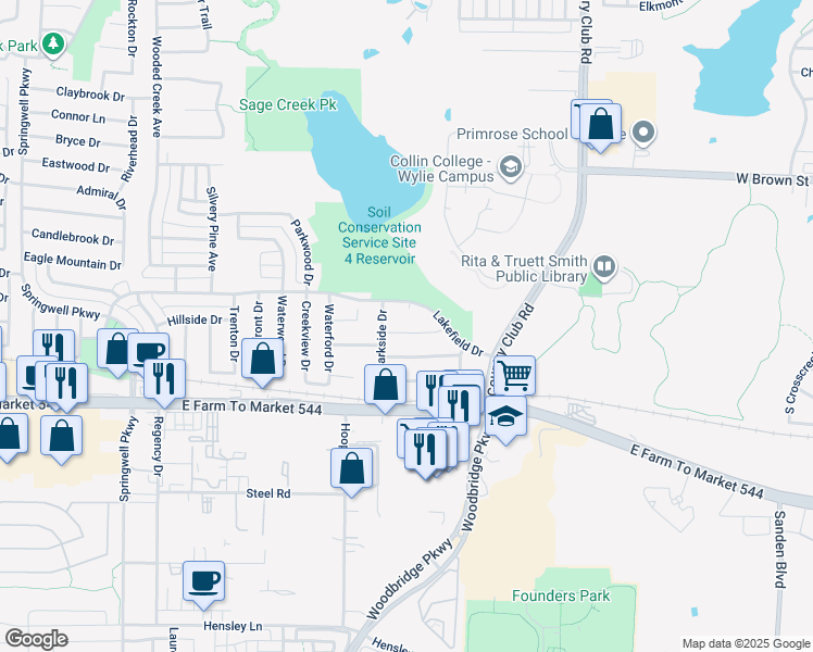 map of restaurants, bars, coffee shops, grocery stores, and more near 2115 Parkhurst Court in Wylie