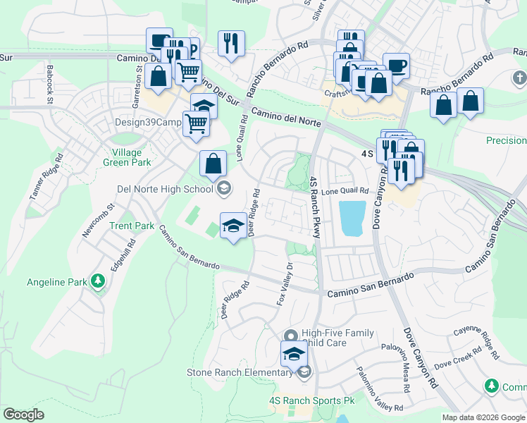 map of restaurants, bars, coffee shops, grocery stores, and more near 9903 Fieldthorn Street in San Diego