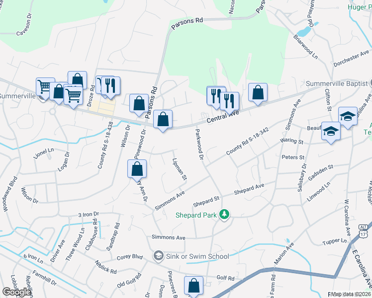 map of restaurants, bars, coffee shops, grocery stores, and more near 621 Parkwood Drive in Summerville