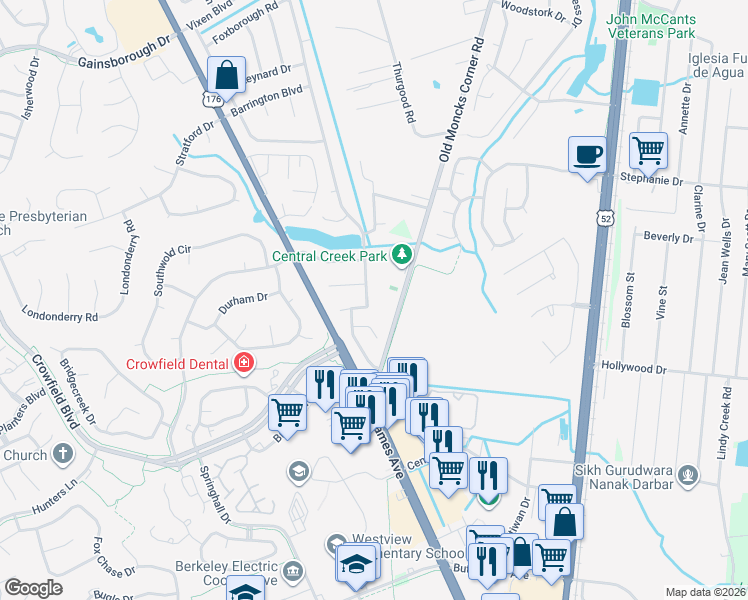 map of restaurants, bars, coffee shops, grocery stores, and more near 121 Foxborough Road in Goose Creek
