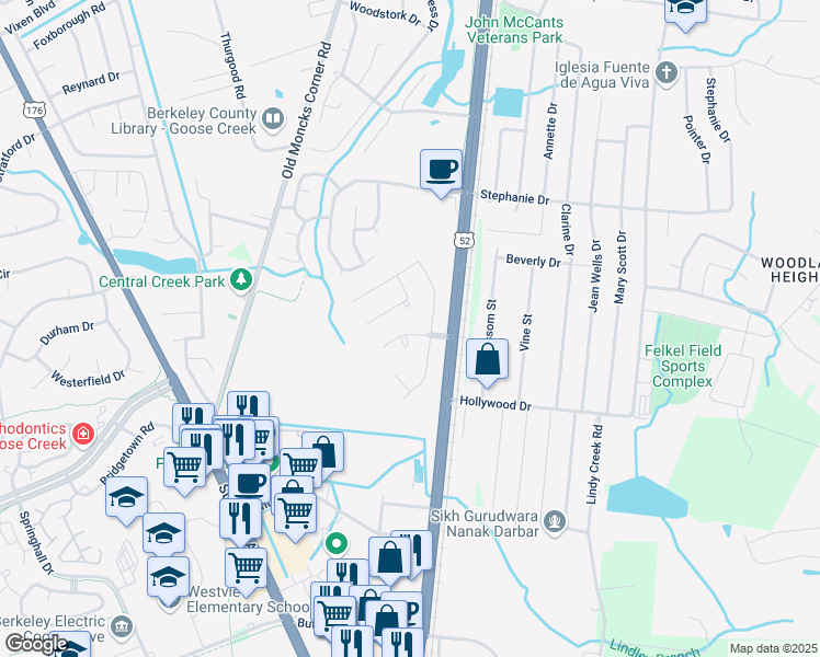 map of restaurants, bars, coffee shops, grocery stores, and more near 103 Colonial Drive in Goose Creek