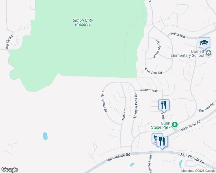 map of restaurants, bars, coffee shops, grocery stores, and more near 16333 Oak Springs Drive in Ramona