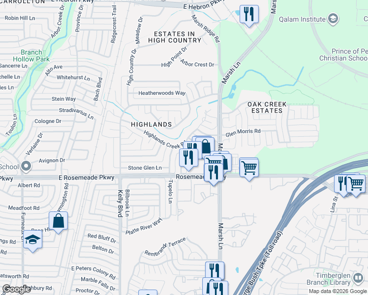 map of restaurants, bars, coffee shops, grocery stores, and more near 2334 Highlands Creek Road in Carrollton
