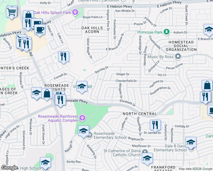 map of restaurants, bars, coffee shops, grocery stores, and more near 3714 Remington Drive in Carrollton