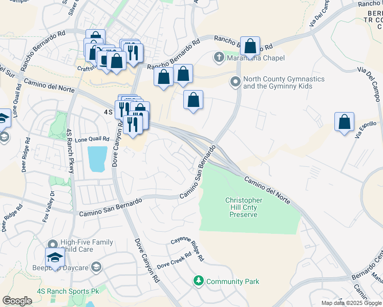 map of restaurants, bars, coffee shops, grocery stores, and more near 16941 Meadowlark Ridge Road in San Diego