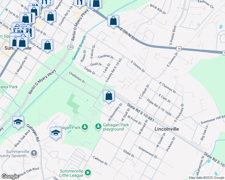map of restaurants, bars, coffee shops, grocery stores, and more near 630 Railroad Avenue in Summerville