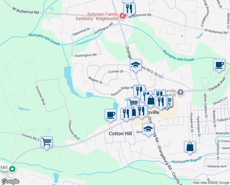map of restaurants, bars, coffee shops, grocery stores, and more near 145 Hickory Ridge Way in Ladson