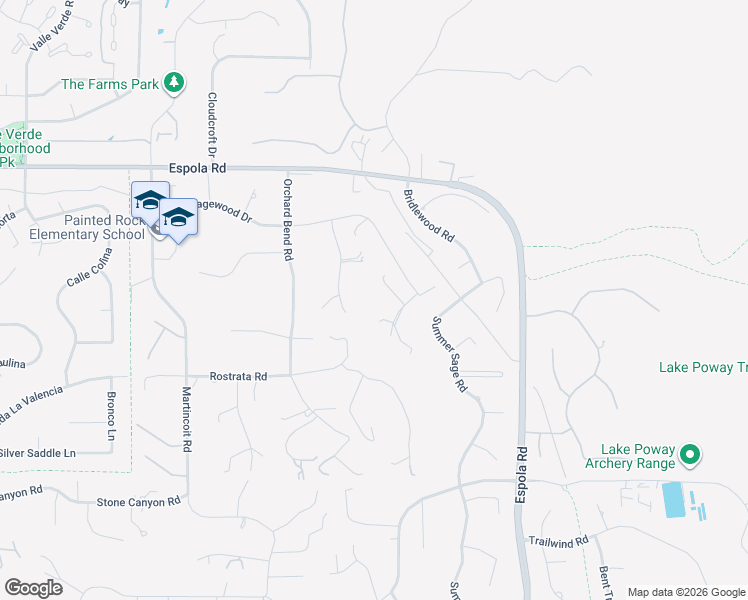 map of restaurants, bars, coffee shops, grocery stores, and more near 16504 Wilderness Road in Poway
