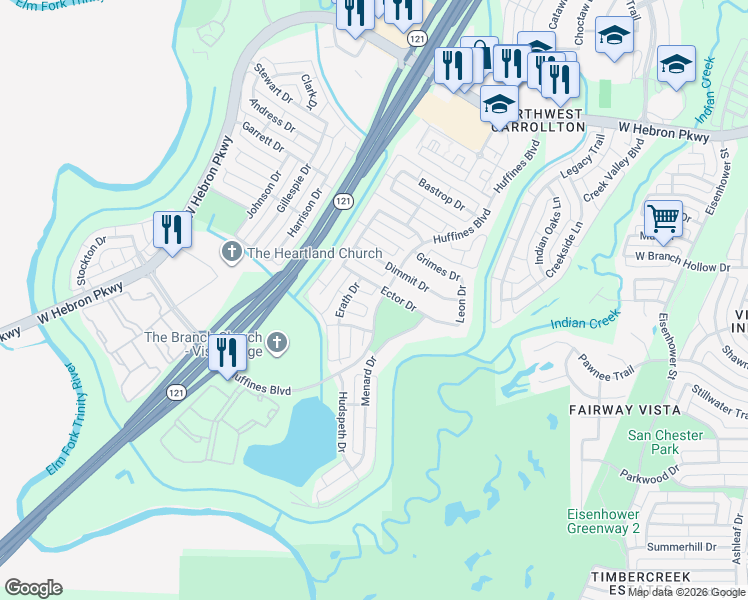 map of restaurants, bars, coffee shops, grocery stores, and more near 1500 Gaines Court in Carrollton