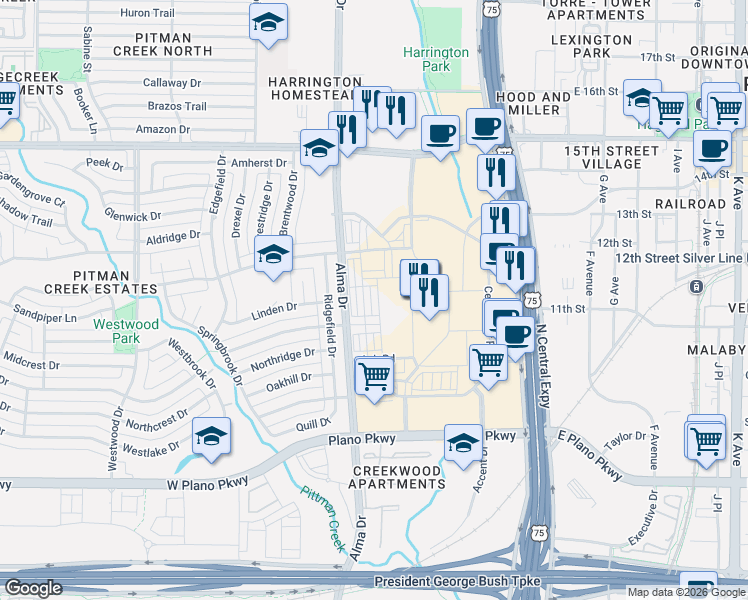 map of restaurants, bars, coffee shops, grocery stores, and more near Collin Creek Mall in Plano