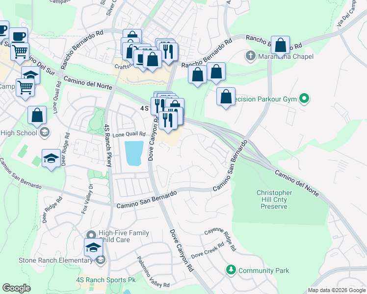map of restaurants, bars, coffee shops, grocery stores, and more near 16851 Abundante Street in San Diego