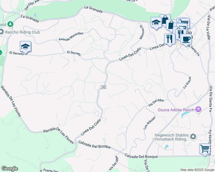 map of restaurants, bars, coffee shops, grocery stores, and more near 5509 Linea Del Cielo in Rancho Santa Fe