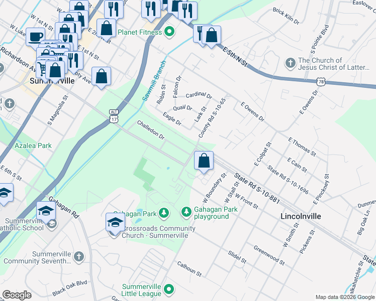 map of restaurants, bars, coffee shops, grocery stores, and more near 119 Clover Avenue in Summerville