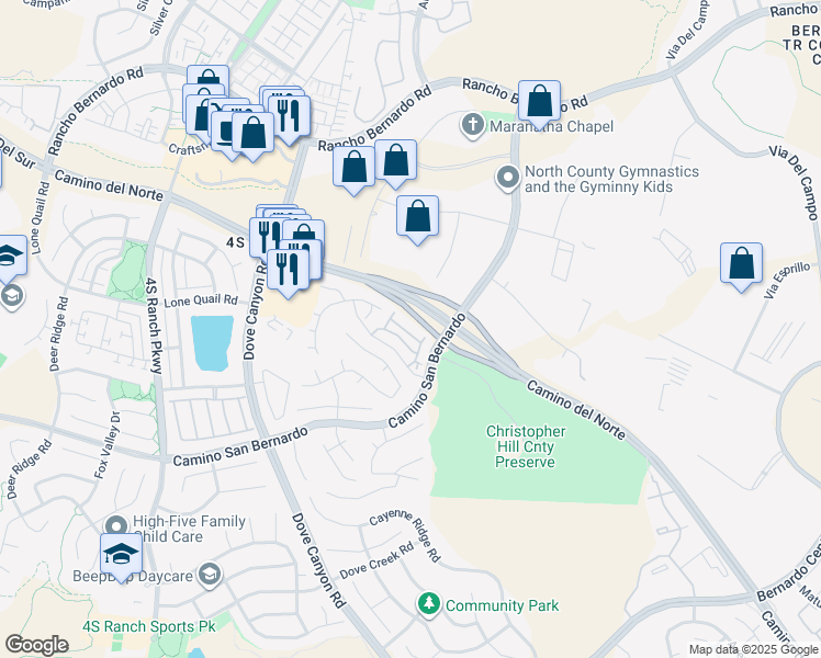 map of restaurants, bars, coffee shops, grocery stores, and more near 16941 Meadowlark Ridge Road in San Diego