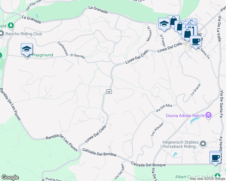 map of restaurants, bars, coffee shops, grocery stores, and more near 5509 Linea Del Cielo in Rancho Santa Fe
