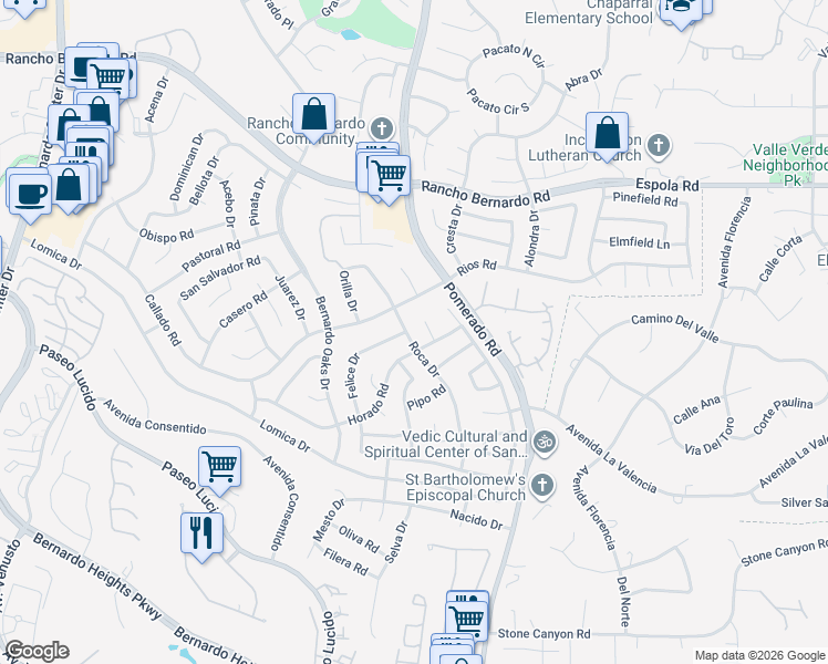 map of restaurants, bars, coffee shops, grocery stores, and more near 12535 Horado Road in San Diego