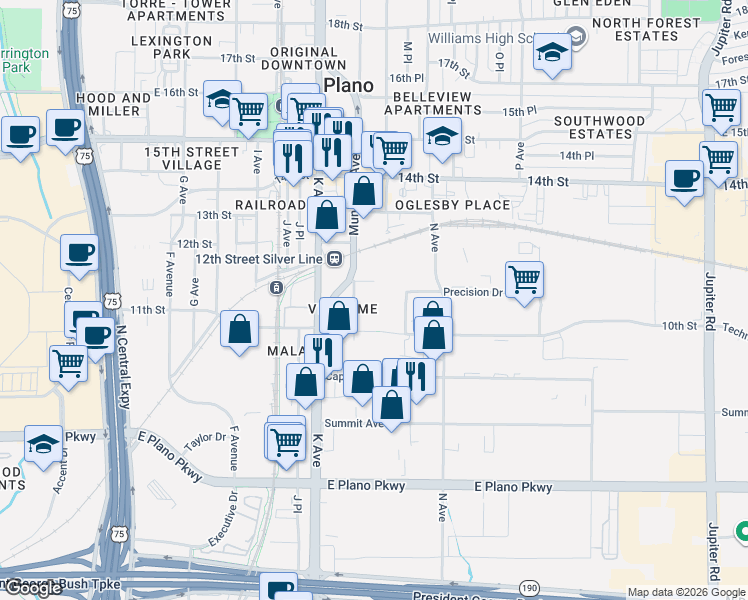 map of restaurants, bars, coffee shops, grocery stores, and more near 1006 Municipal Avenue in Plano