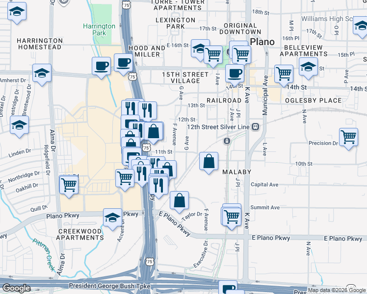 map of restaurants, bars, coffee shops, grocery stores, and more near 1029 G Avenue in Plano