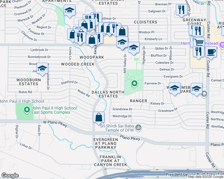 map of restaurants, bars, coffee shops, grocery stores, and more near 2717 Glencliff Drive in Plano