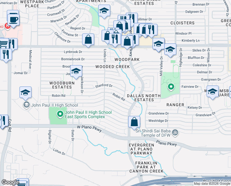 map of restaurants, bars, coffee shops, grocery stores, and more near 3009 Robin Road in Plano