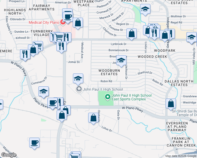 map of restaurants, bars, coffee shops, grocery stores, and more near 3520 Robin Road in Plano