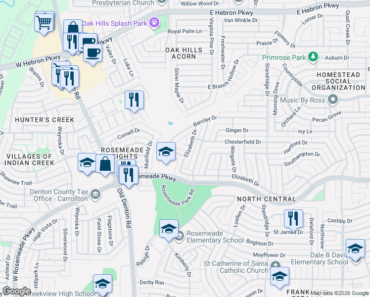 map of restaurants, bars, coffee shops, grocery stores, and more near 1305 Barclay Drive in Carrollton