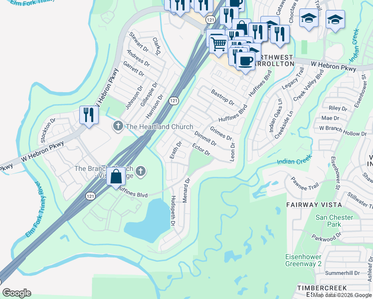 map of restaurants, bars, coffee shops, grocery stores, and more near 1500 Gaines Court in Carrollton