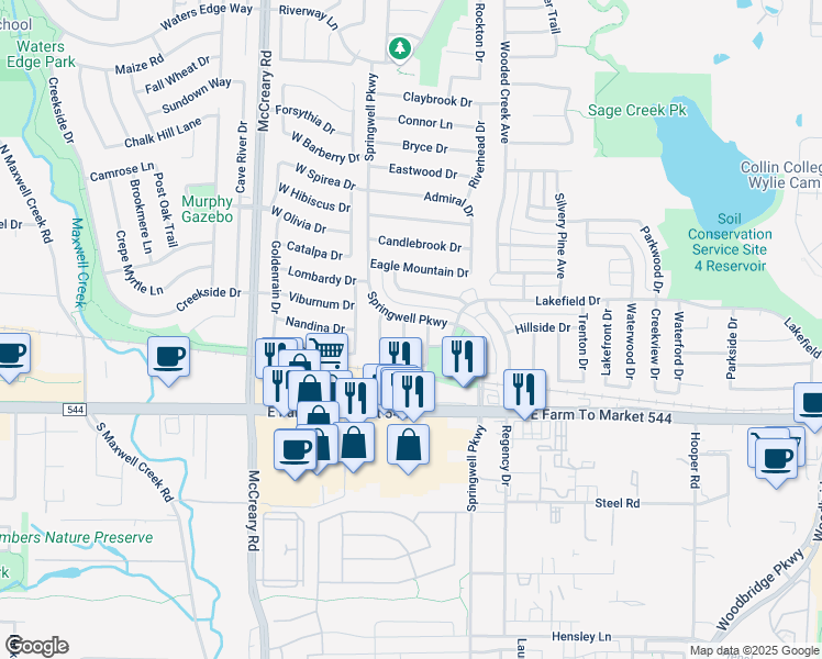 map of restaurants, bars, coffee shops, grocery stores, and more near 208 Hampstead Drive in Wylie