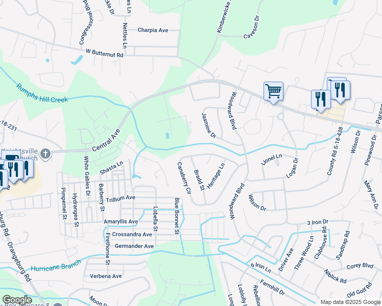 map of restaurants, bars, coffee shops, grocery stores, and more near 300 Canaberry Circle in Summerville