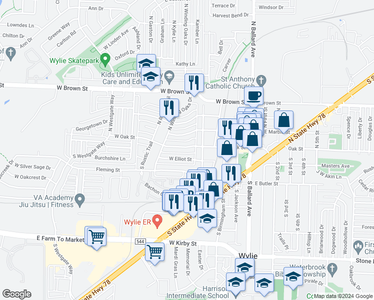 map of restaurants, bars, coffee shops, grocery stores, and more near 407 West Oak Street in Wylie
