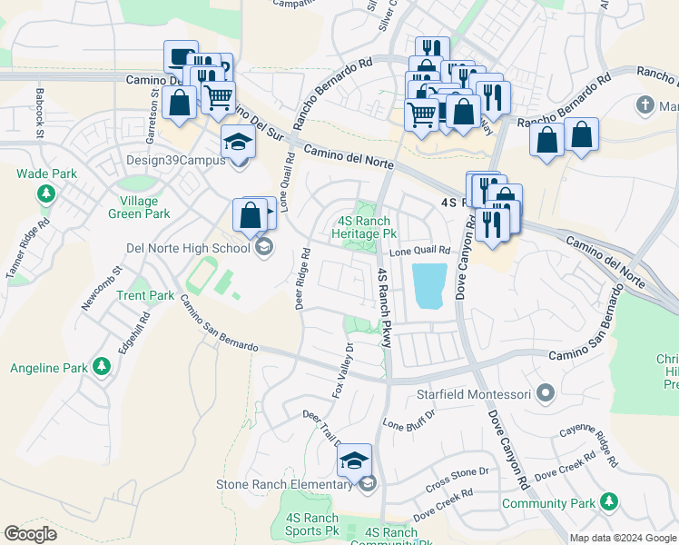map of restaurants, bars, coffee shops, grocery stores, and more near 16564 Gettysburg Drive in San Diego