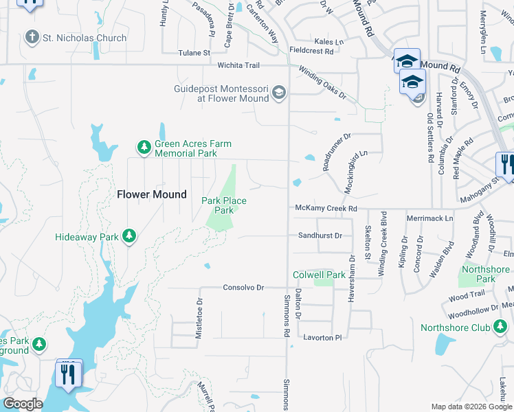 map of restaurants, bars, coffee shops, grocery stores, and more near 2107 Simmons Road in Flower Mound