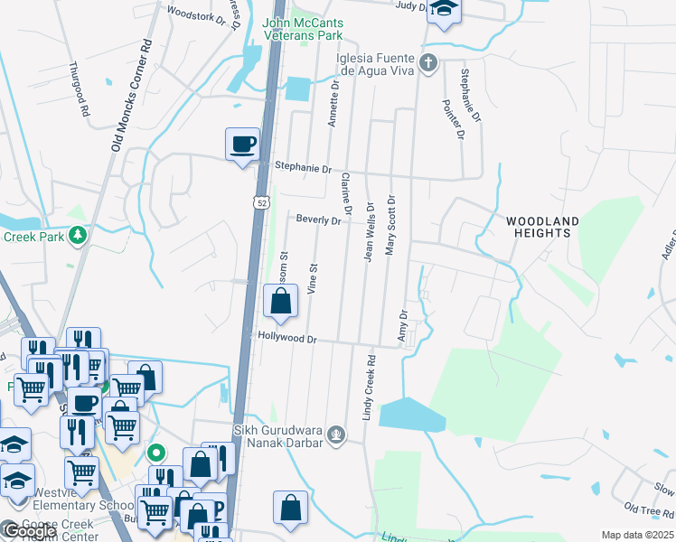 map of restaurants, bars, coffee shops, grocery stores, and more near 223 Clarine Drive in Goose Creek