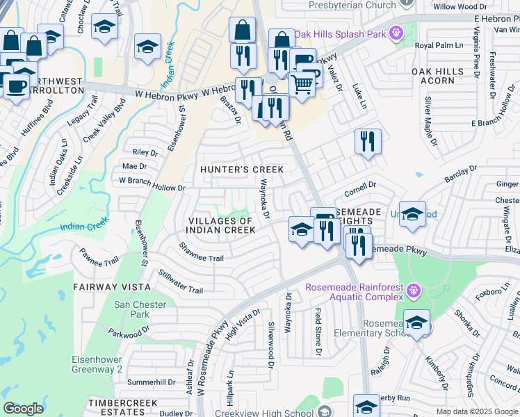 map of restaurants, bars, coffee shops, grocery stores, and more near 3806 Seminole Place in Carrollton