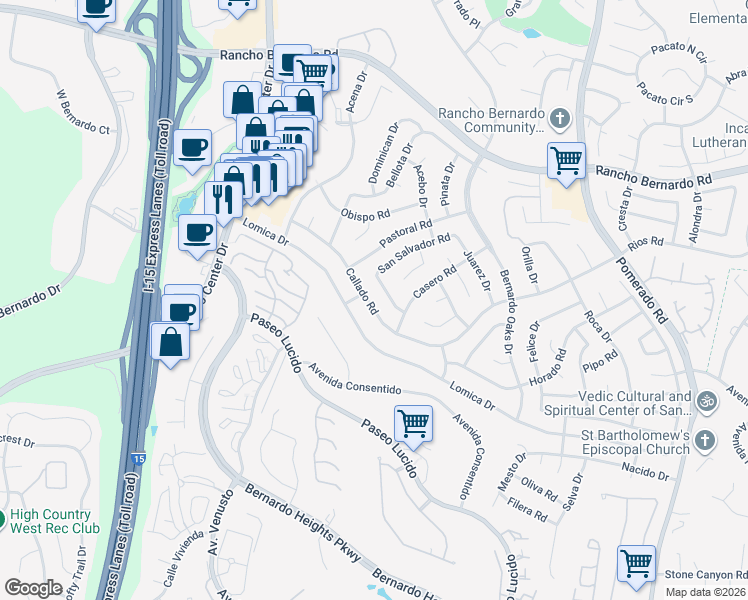 map of restaurants, bars, coffee shops, grocery stores, and more near 12090 Callado Road in San Diego