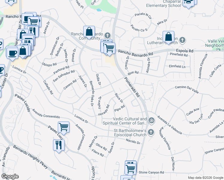 map of restaurants, bars, coffee shops, grocery stores, and more near 16575 Felice Drive in San Diego