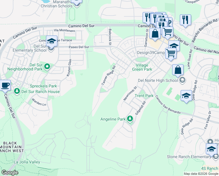 map of restaurants, bars, coffee shops, grocery stores, and more near 15585 Potomac Ridge Road in San Diego