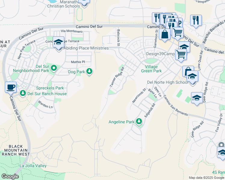 map of restaurants, bars, coffee shops, grocery stores, and more near 15544 Tanner Ridge Court in San Diego