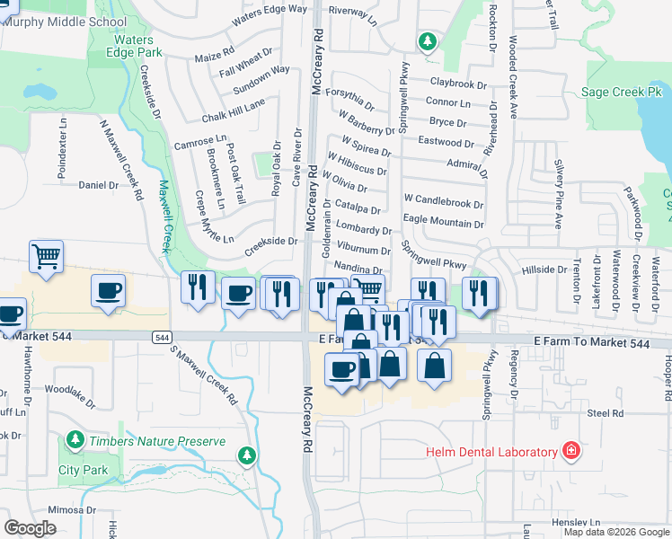 map of restaurants, bars, coffee shops, grocery stores, and more near 3600 Oleander Drive in Wylie