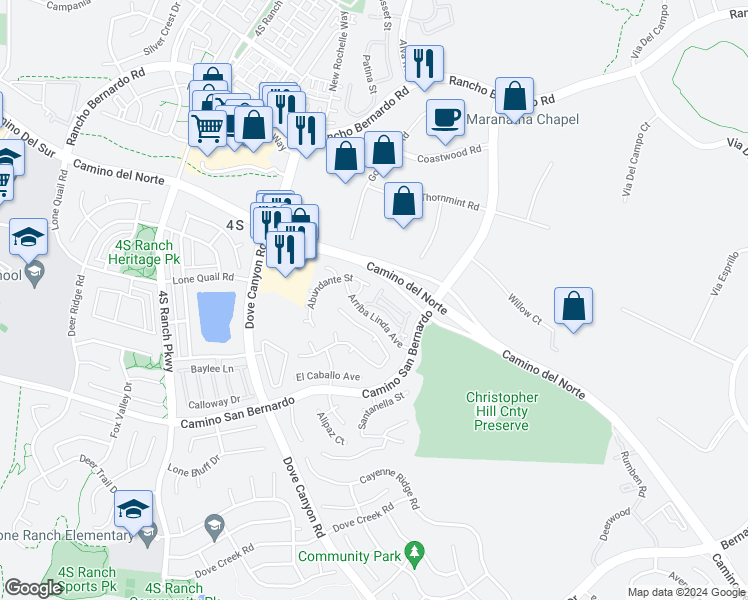 map of restaurants, bars, coffee shops, grocery stores, and more near 16988 Robins Nest Way in San Diego